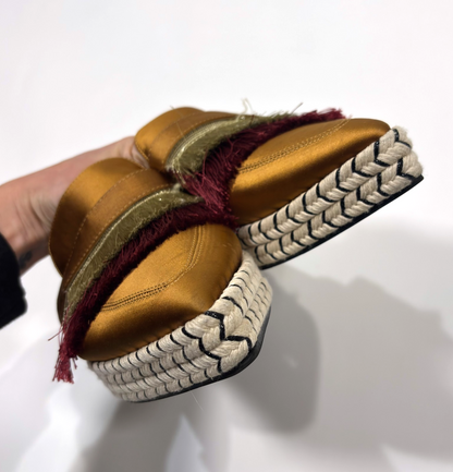 Pedro Satin Fringe Mule Espadrilles Copper Gold Maroon - 39 / Size 9