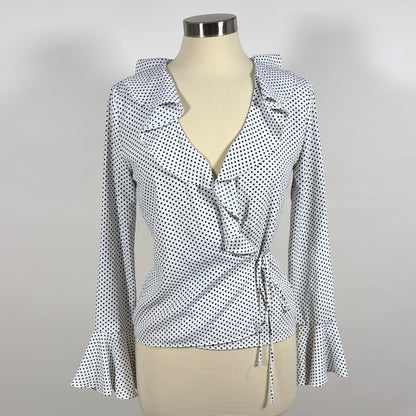 Lucy Paris Polka Dot Bell Sleeve Wrap Blouse White Black - S
