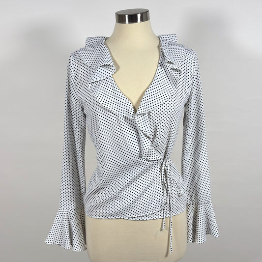 Lucy Paris Polka Dot Bell Sleeve Wrap Blouse White Black - S