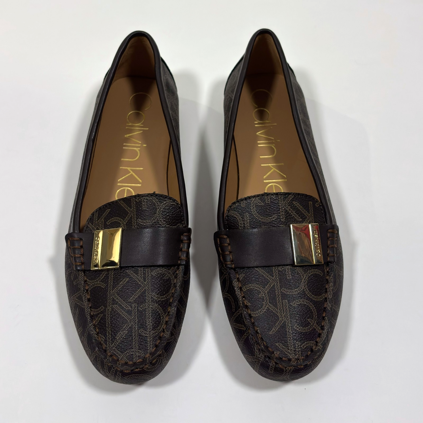 Calvin Klein Lisa Monogram Loafers Pebbled Brown Leather - 8
