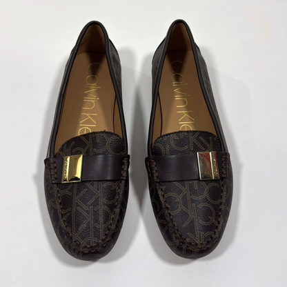 Calvin Klein Lisa Monogram Loafers Pebbled Brown Leather - 8