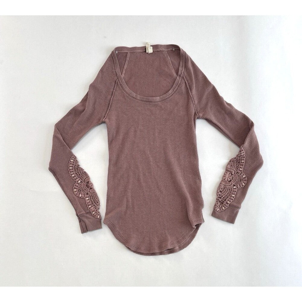 Free People Synergy Cuff Thermal Long Sleeve Henley Crochet Detail Rose  - S