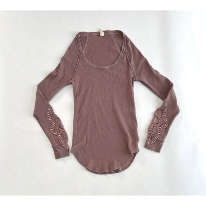 Free People Synergy Cuff Thermal Long Sleeve Henley Crochet Detail Rose  - S