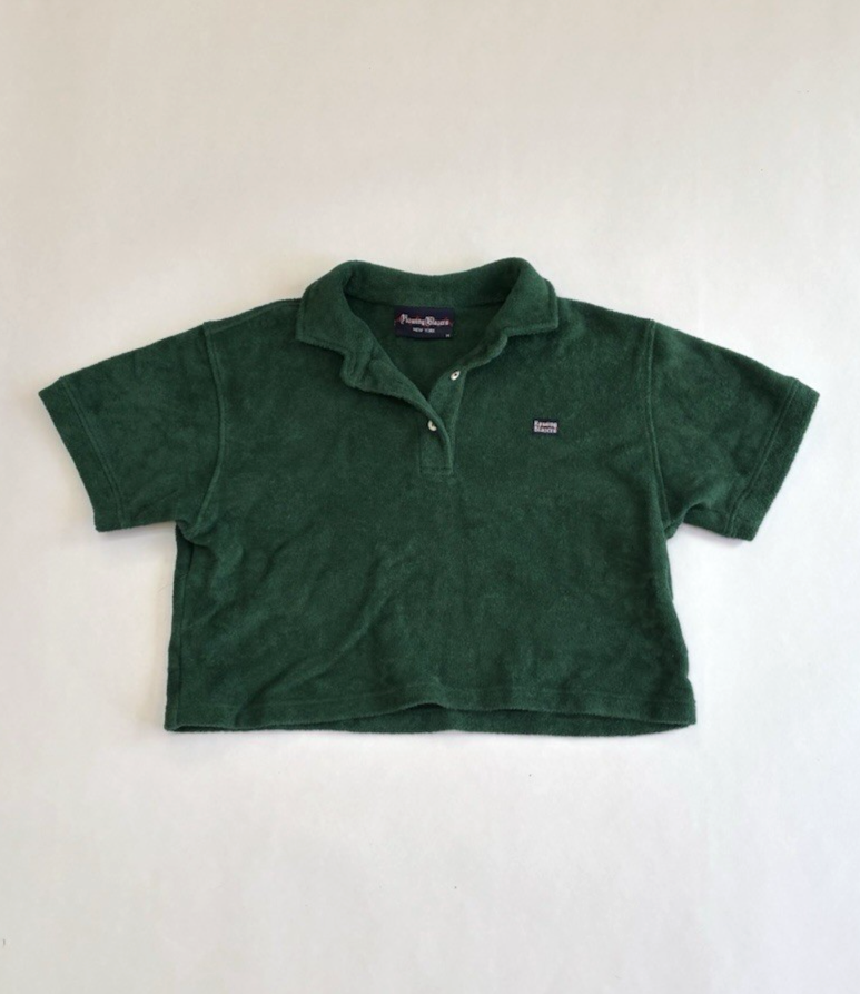 Rowing Blazers NY Terry Cropped Polo Shirt Green Organic Cotton - M