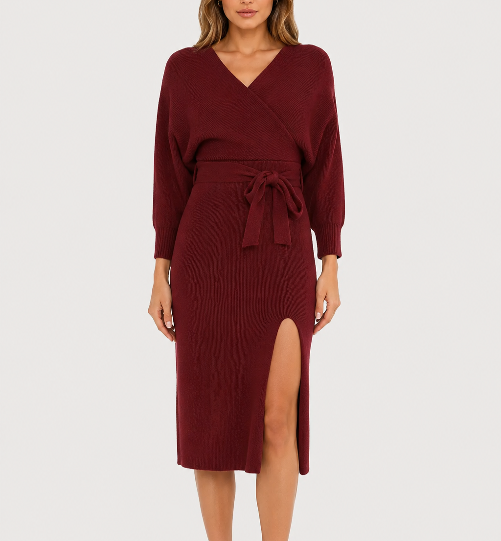 Lulu's Fall into Fashion Burgundy Dolman Sleeve Sweater Midi Dress - S