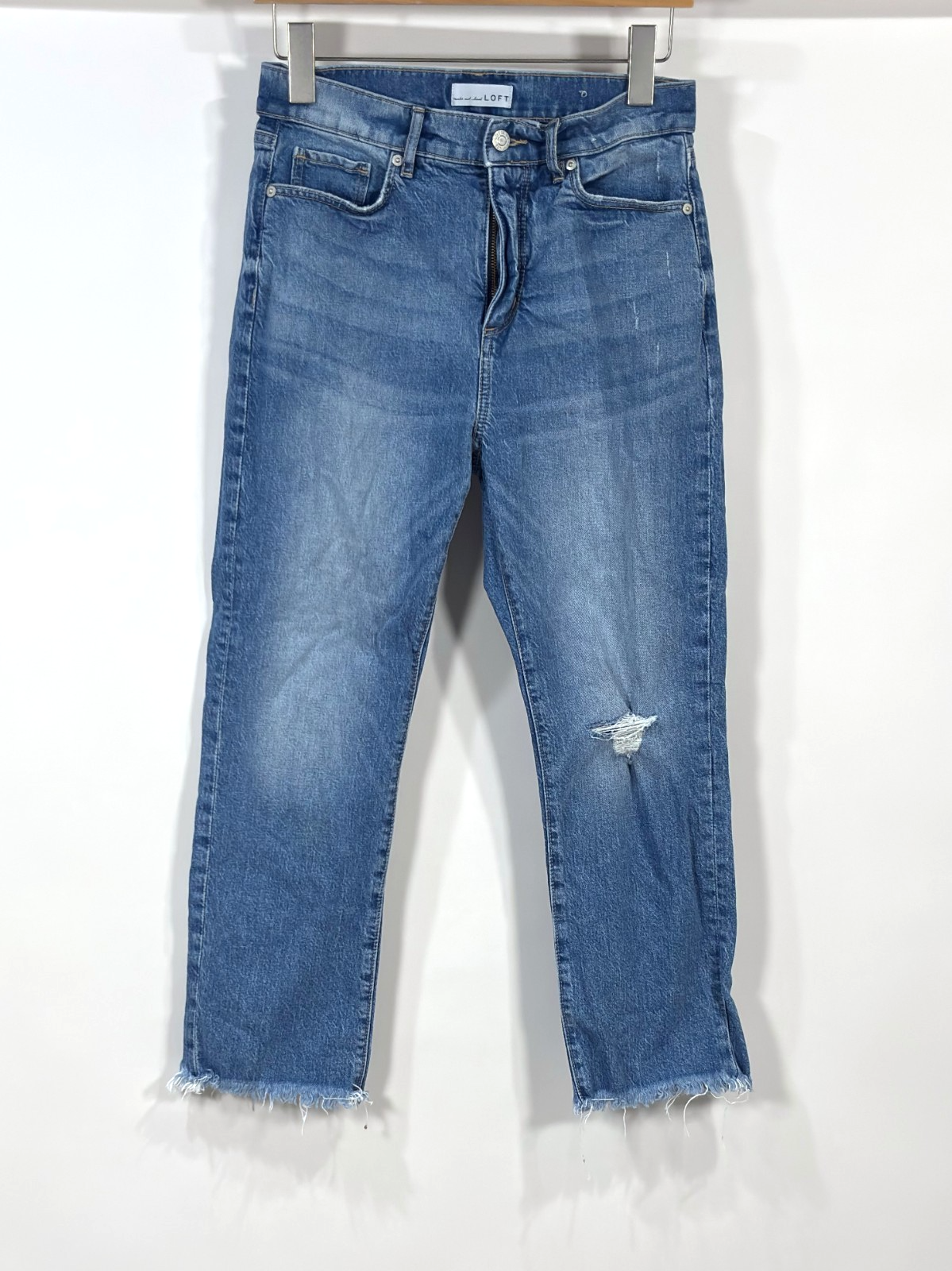 Loft The Straight Crop Jeans Medium Wash Raw Hem Distressed - 2/26