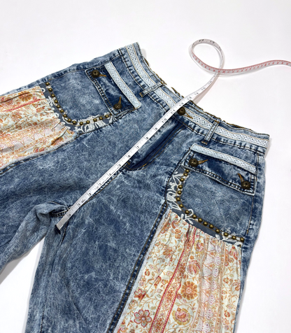 POL Denim and Floral Panel Studded and Lace Detailed Pants - M