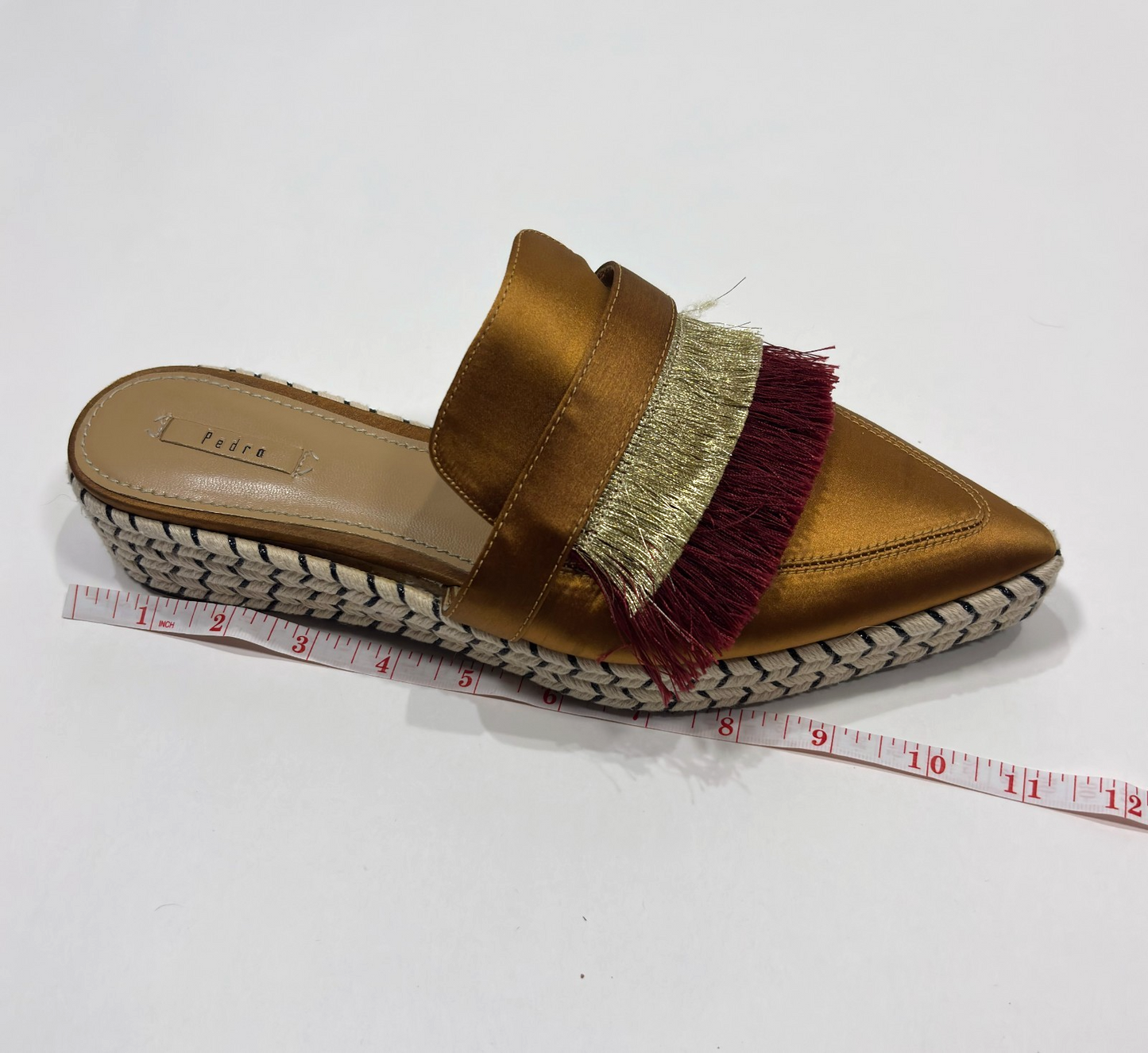 Pedro Satin Fringe Mule Espadrilles Copper Gold Maroon - 39 / Size 9