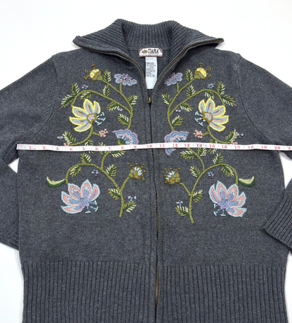 Tiara International Full Zip Knit Sweater Floral Embroidered Vintage - M