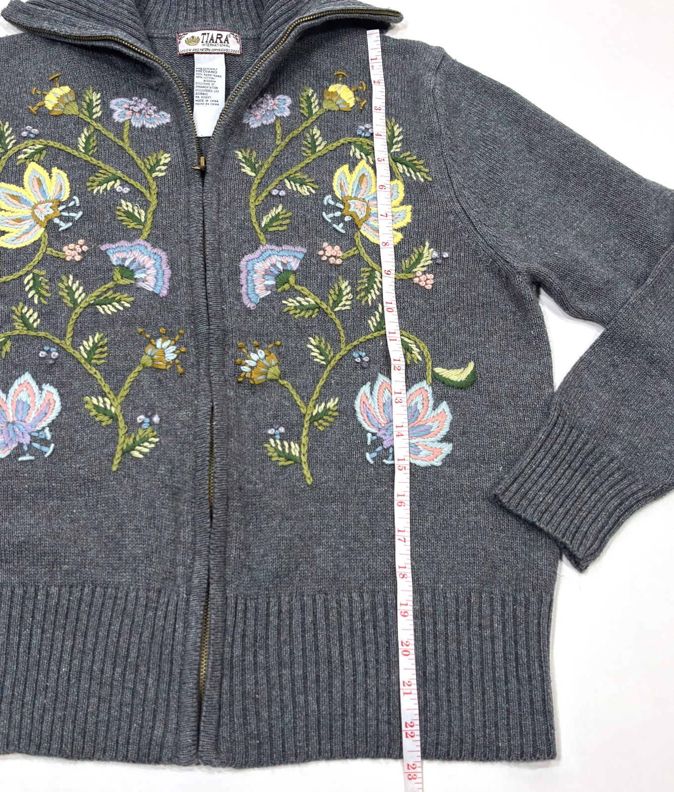 Tiara International Full Zip Knit Sweater Floral Embroidered Vintage - M