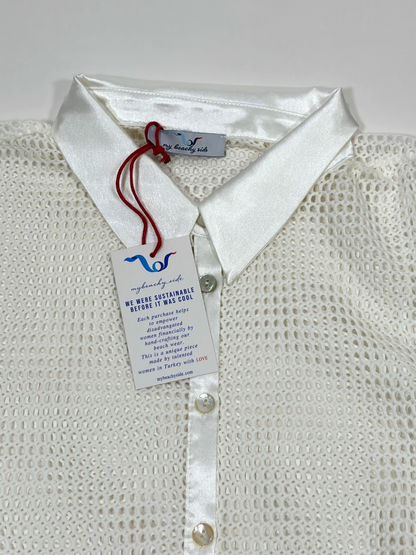 My Beachy Side Crochet Lace Belted Button Up Mini Shirt Dress - S