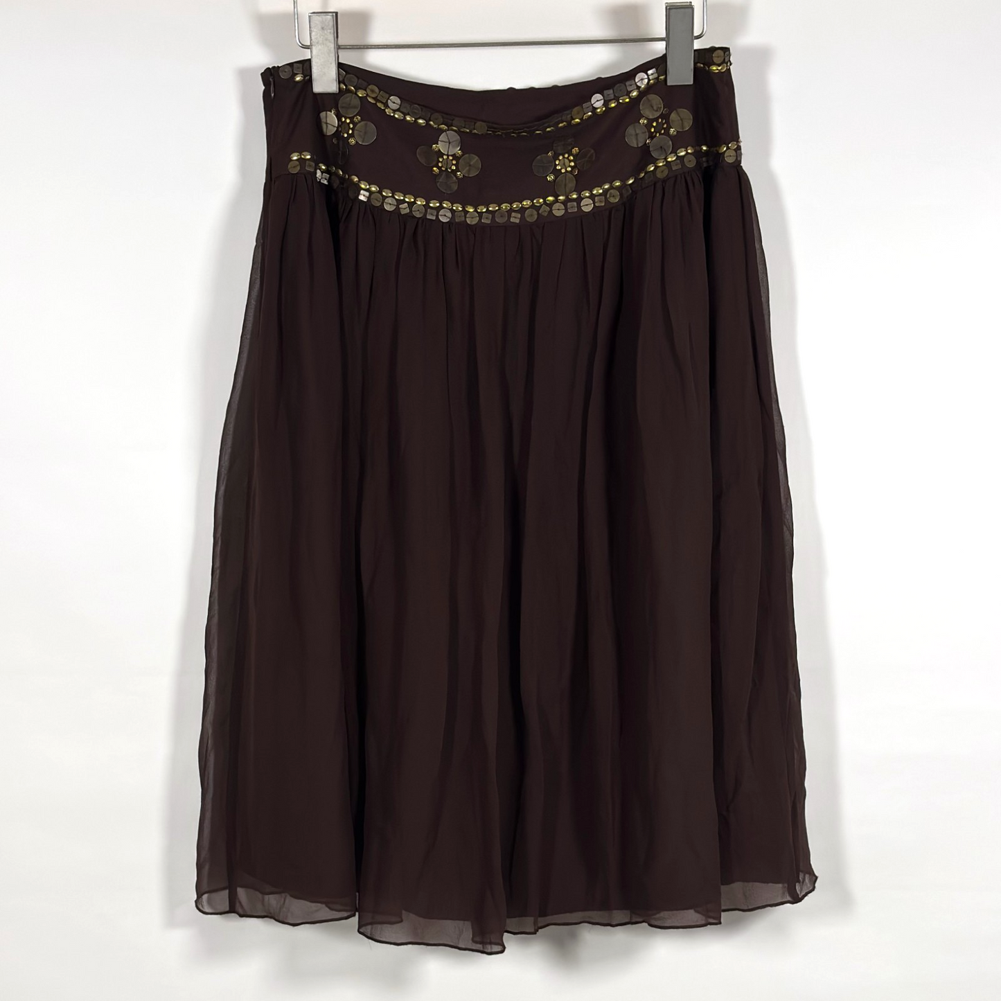 Willi Smith Brown Silk Midi Skirt Gold Sequins - Size 10