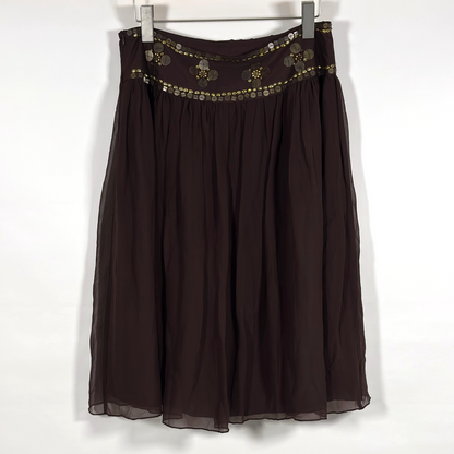 Willi Smith Brown Silk Midi Skirt Gold Sequins - Size 10