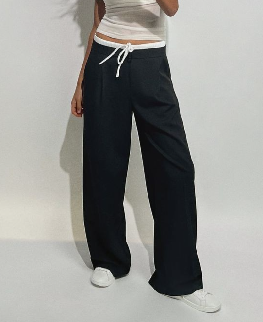 Zara Wide-Leg Double Waistband Trouser Pants Black White Drawstring - M