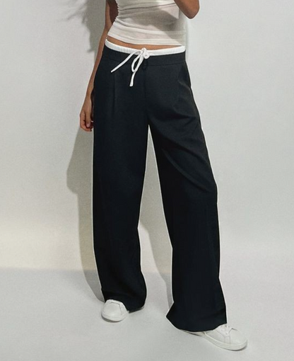 Zara Wide-Leg Double Waistband Trouser Pants Black White Drawstring - M