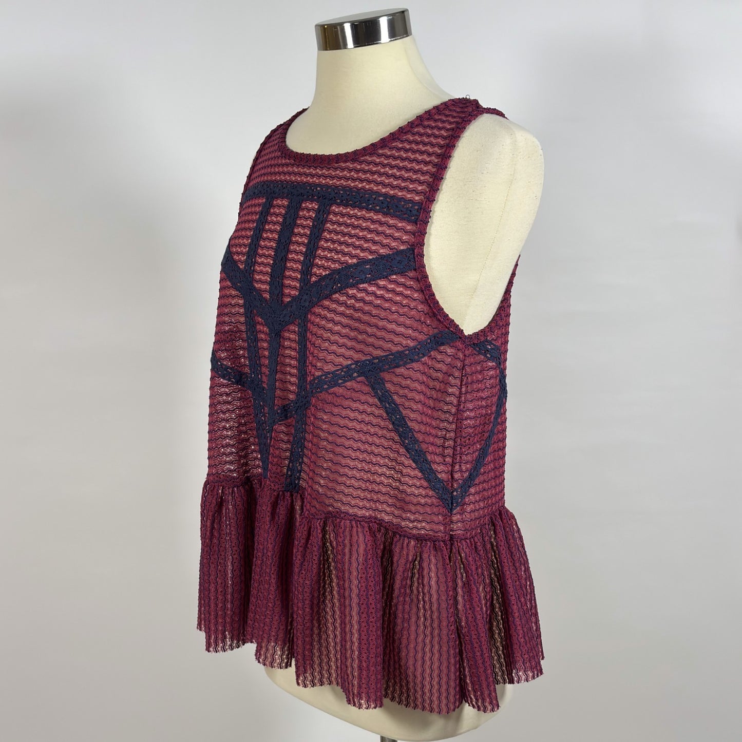 Free People Crochet Peplum Tank Blouse Purple Blue Mesh Knit - M