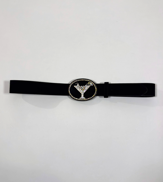 Martini Crystal Rhinestone Leather Black Statement Belt - L/XL
