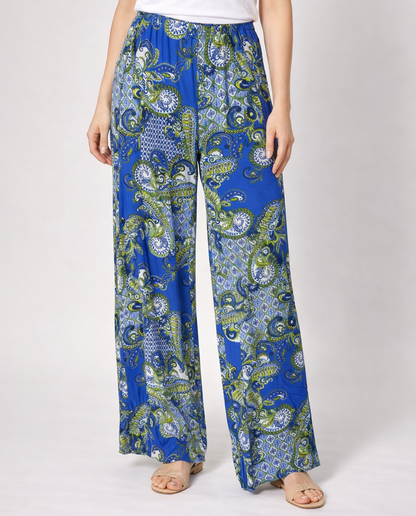 Zac & Rachel Wide Leg Trouser Pants Blue Green Paisley Print - XL