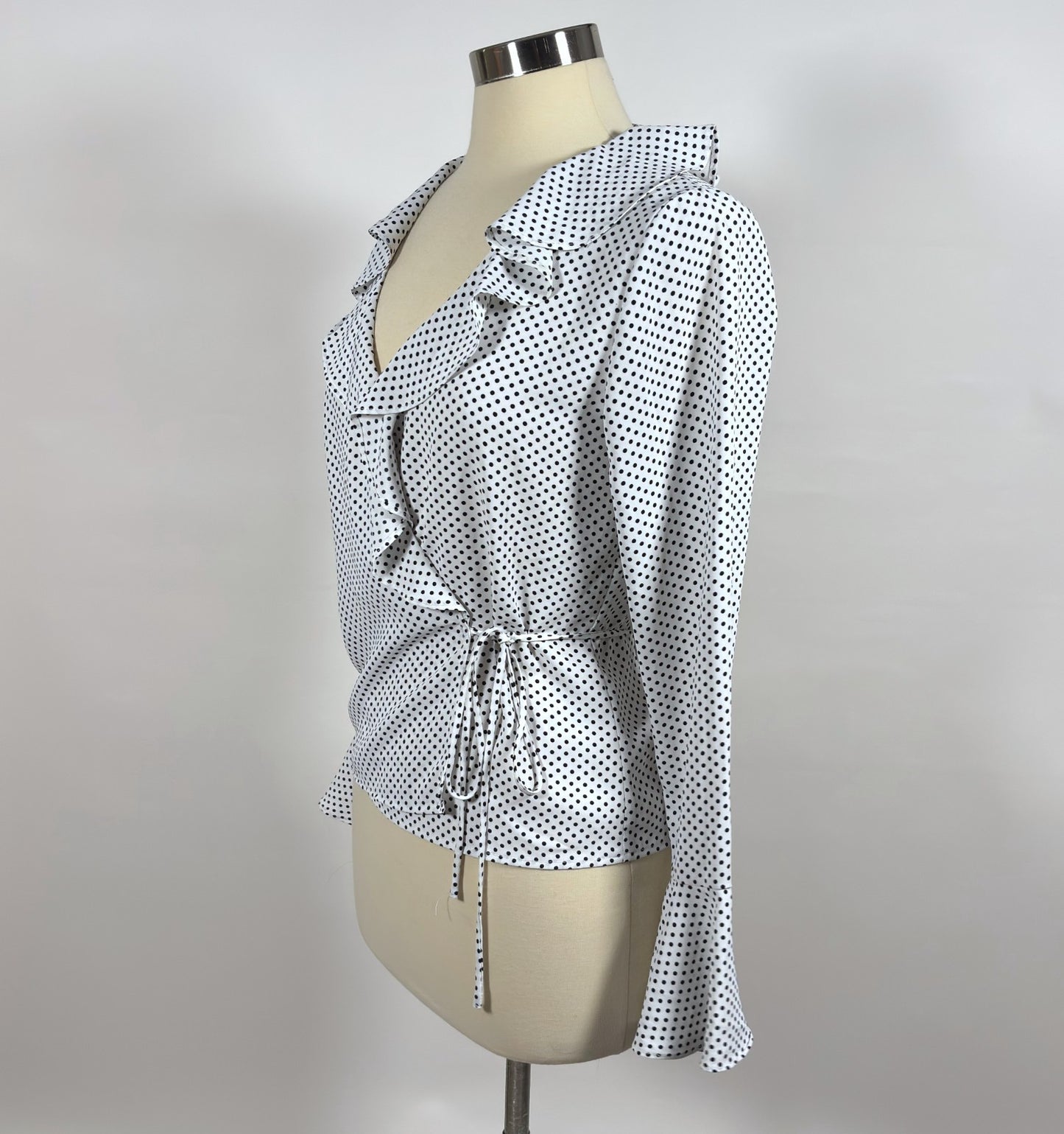 Lucy Paris Polka Dot Bell Sleeve Wrap Blouse White Black - S