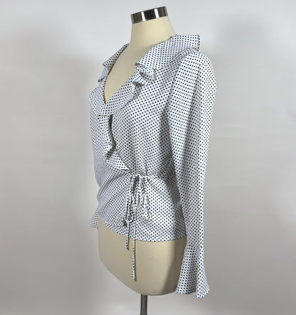 Lucy Paris Polka Dot Bell Sleeve Wrap Blouse White Black - S