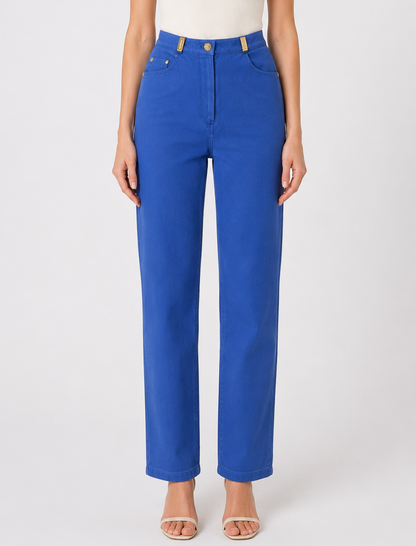 St. John Sport Essentials Blue + Gold Detail Straight Leg Pant Jean - 0