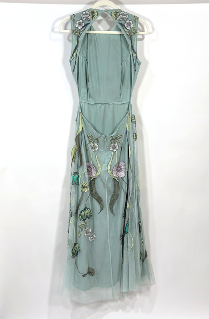 Asos Floral Boho Embroidered Maxi Dress Open Back Mint Sage Green - Size 6