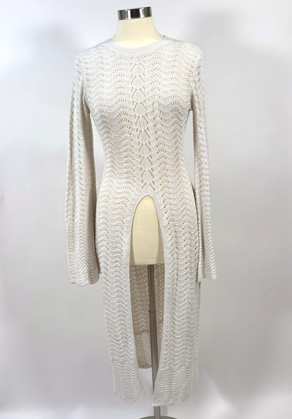 CHICME Scallop Trim Knit Split Front Hollow Out Cover Up Top Dress - M