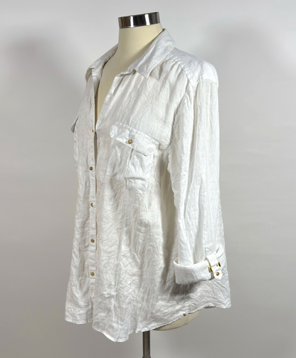 Chicos White Linen Button Down Shirt Gold Buttons - XL