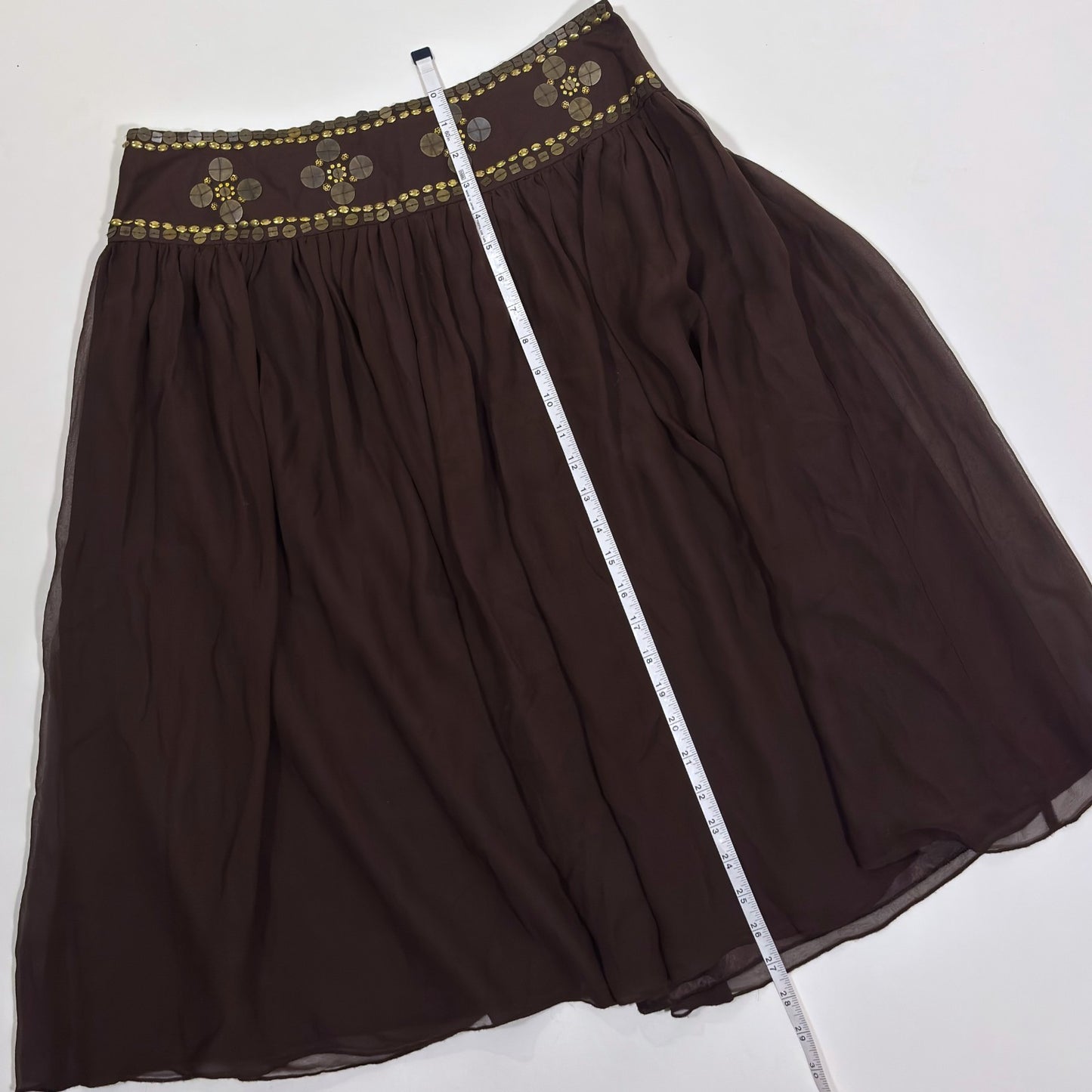Willi Smith Brown Silk Midi Skirt Gold Sequins - Size 10