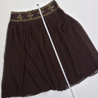 Willi Smith Brown Silk Midi Skirt Gold Sequins - Size 10