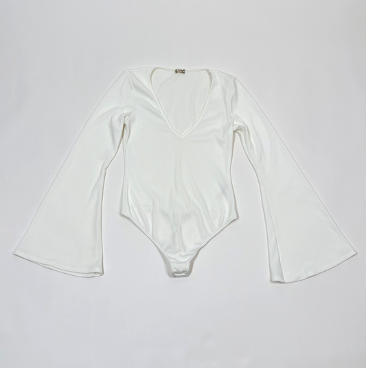 Free People Charli Bodysuit Bell Sleeve V Neck Ribbed White - S