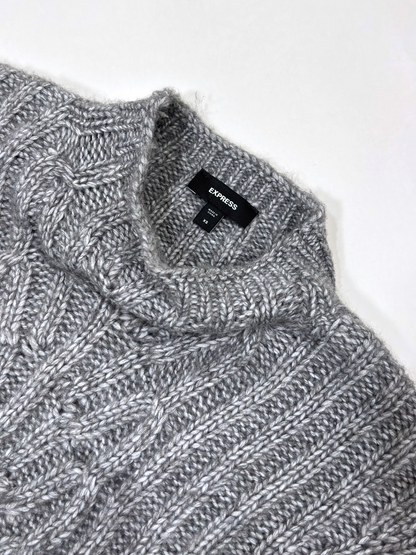 Express Gray Cable Knit Sweater Dress Tunic Mock Neck Ribbed - XS