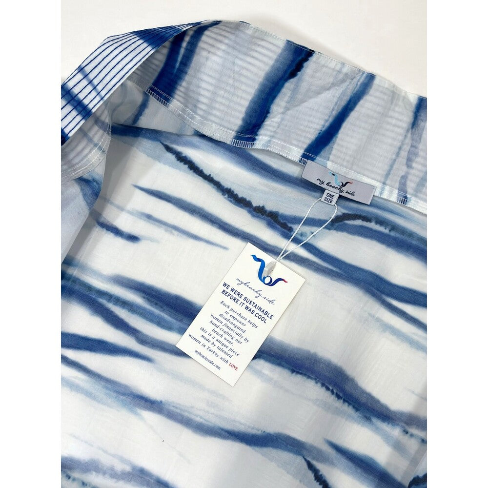 My Beachy Side Janis Belted Tunic Blue White Stripe Mini Kaftan Cover Up