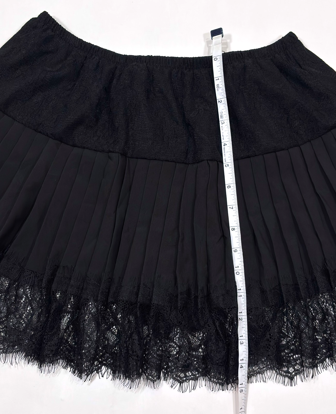 Black Lace Pleated Mini Skirt Elastic Waistband - M
