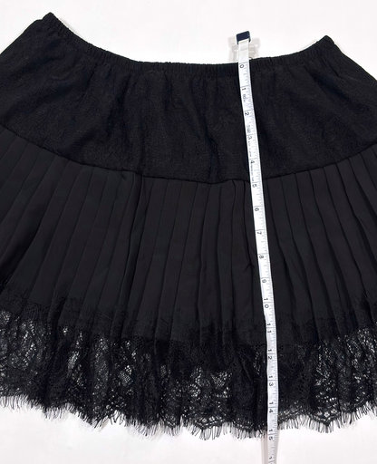 Black Lace Pleated Mini Skirt Elastic Waistband - M