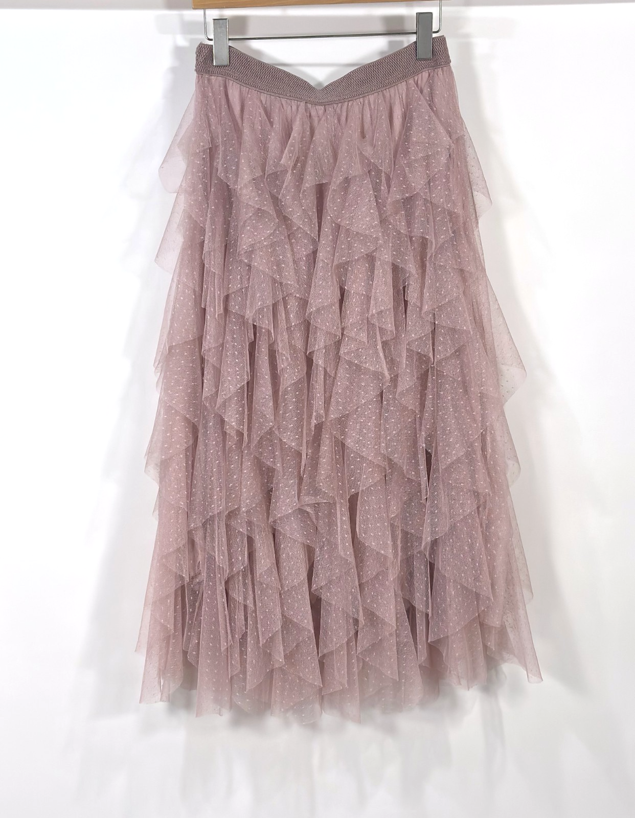 Anthropologie Evelyn Chéri Ruffled Tulle Midi Skirt Swiss Dot Rose Pink - S