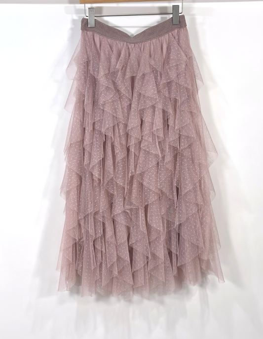 Anthropologie Evelyn Chéri Ruffled Tulle Midi Skirt Swiss Dot Rose Pink - S