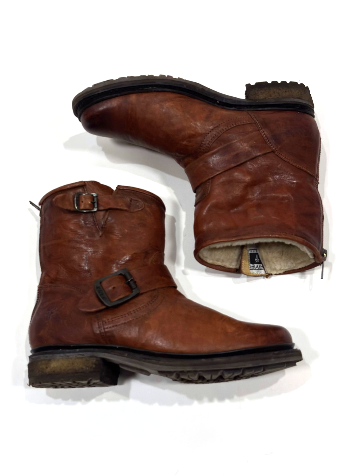 Frye Leather Brown Ankle Boots Shearling Lined Double Strap Zipper Moto - 7
