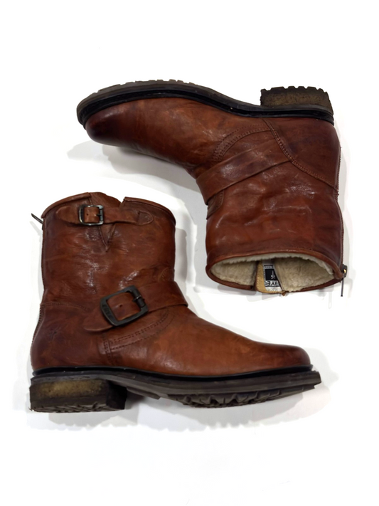 Frye Leather Brown Ankle Boots Shearling Lined Double Strap Zipper Moto - 7