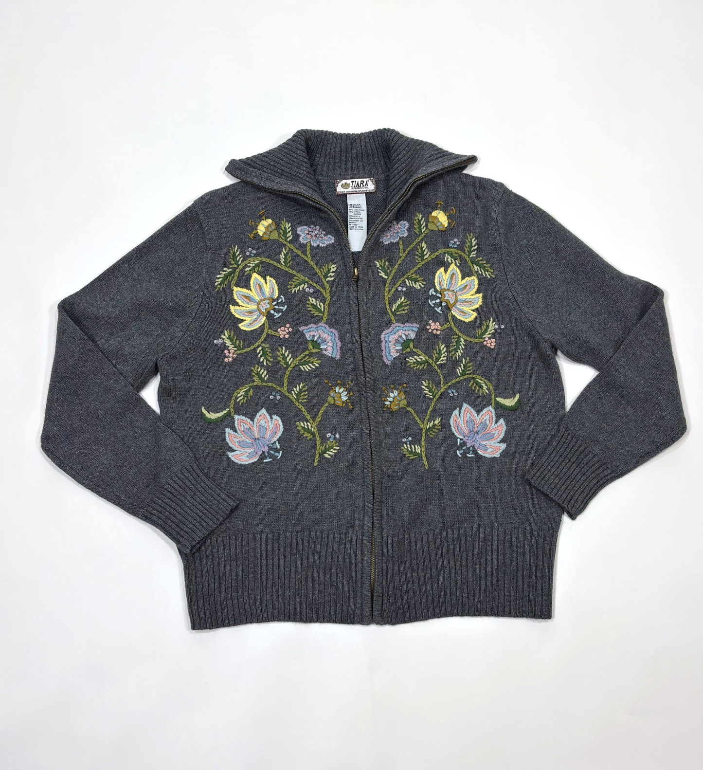 Tiara International Full Zip Knit Sweater Floral Embroidered Vintage - M