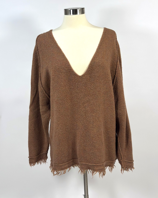 Free People Irresistible Fringed Oversized Sweater Brown Wool Linen - M
