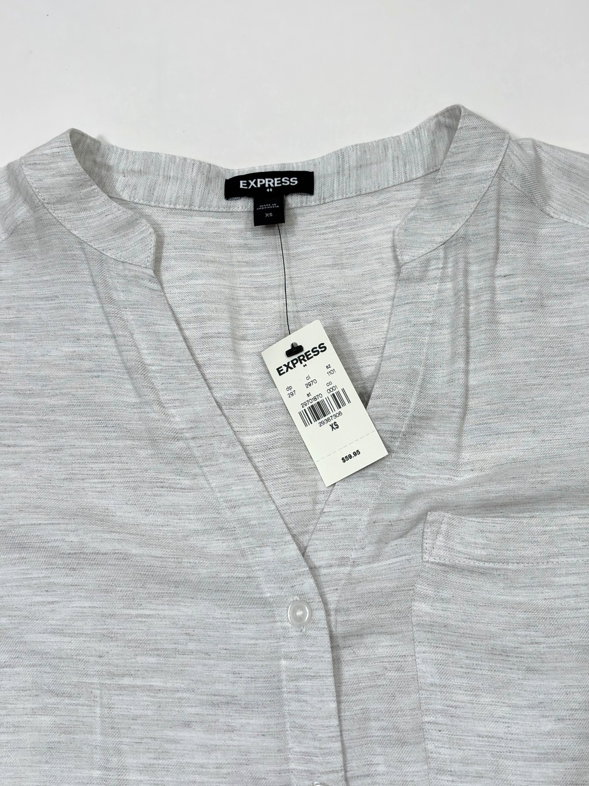 Express Long Sleeve Button Down Mandarin Collar Gray Heathered - XS
