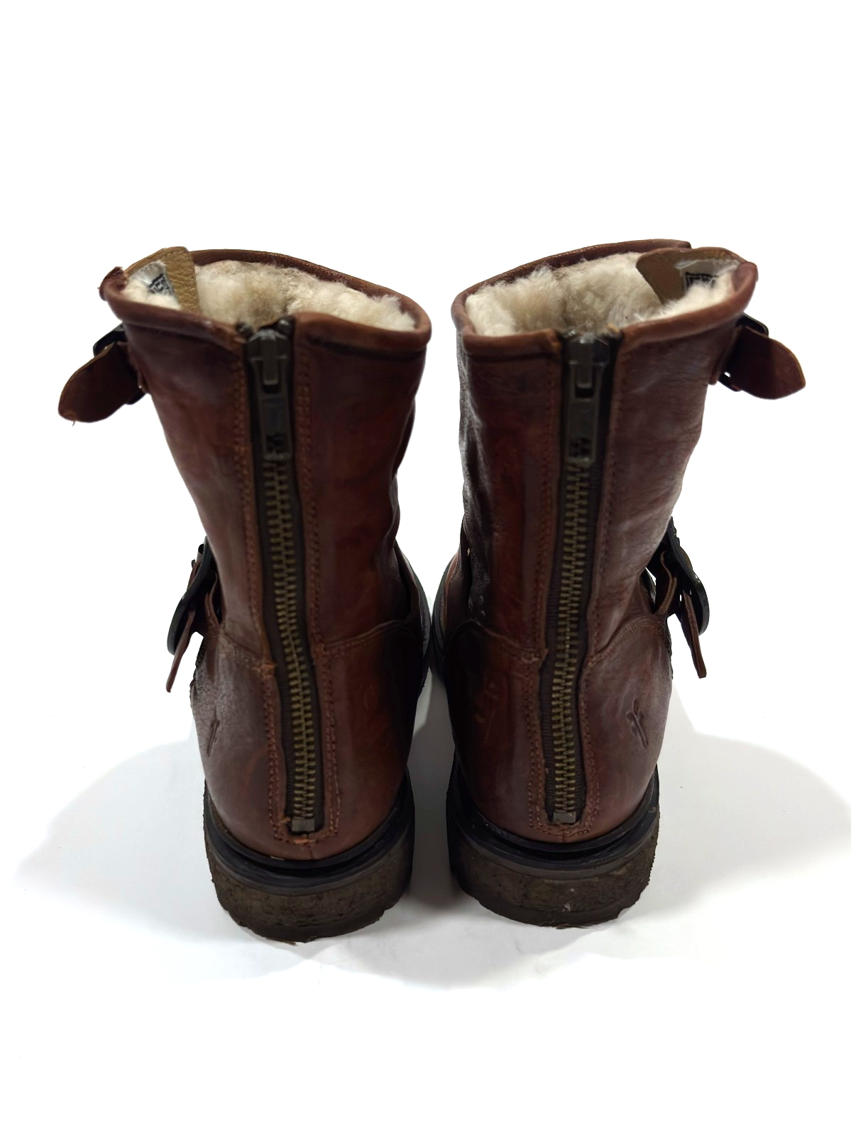 Frye Leather Brown Ankle Boots Shearling Lined Double Strap Zipper Moto - 7