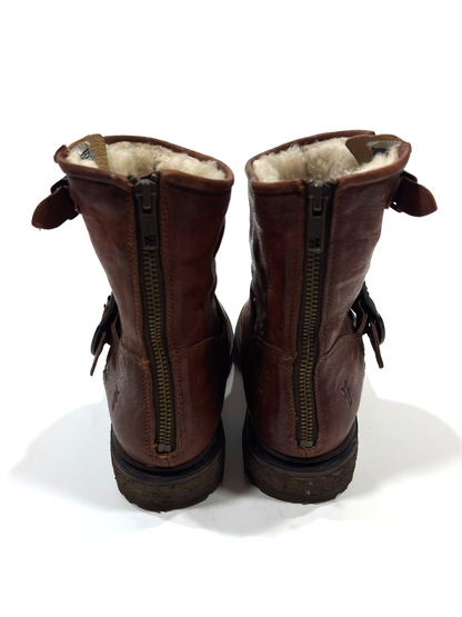 Frye Leather Brown Ankle Boots Shearling Lined Double Strap Zipper Moto - 7