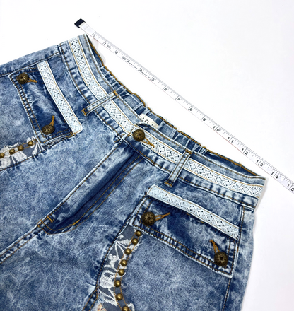 POL Denim and Floral Panel Studded and Lace Detailed Pants - M