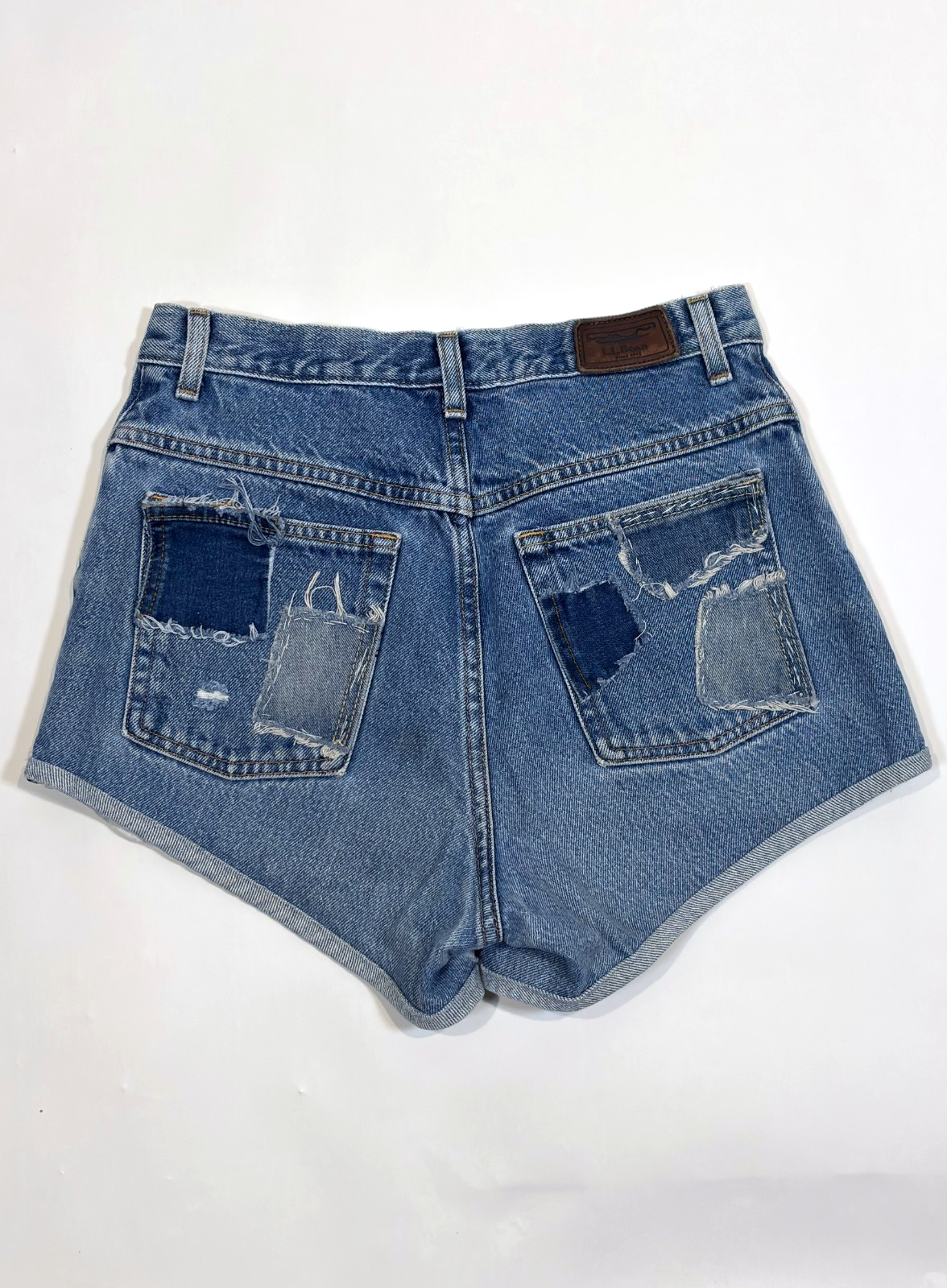 LL Bean Patchwork Denim Mini Shorts High Rise Distressed - 8
