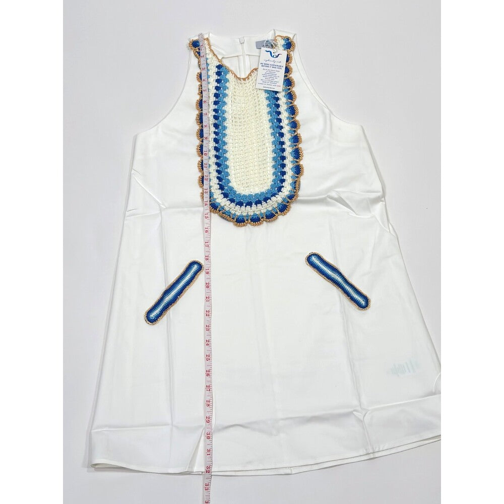 My Beachy Side Arya Mini Cotton Shift Dress Crochet White Blue - S