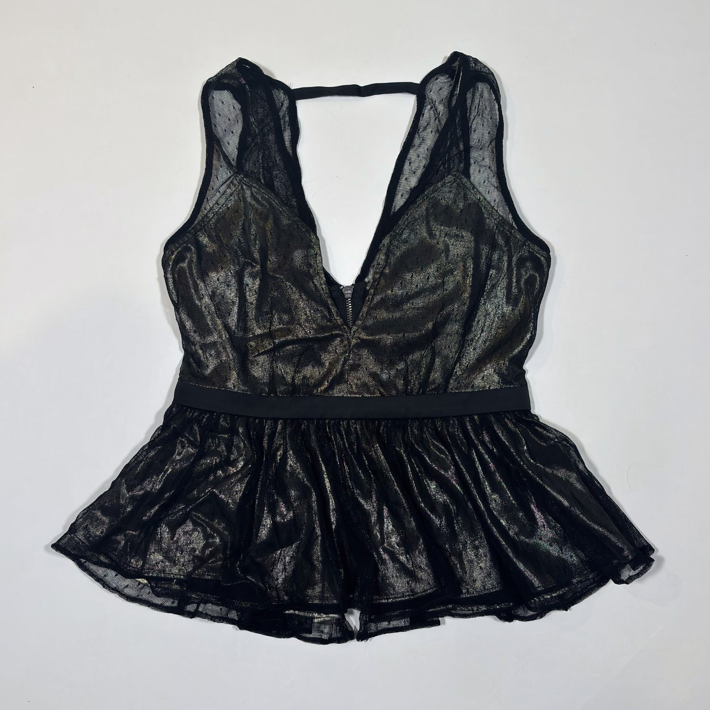 Express Peplum Deep V-Neck Mesh Tank Metallic Black Gold - 00