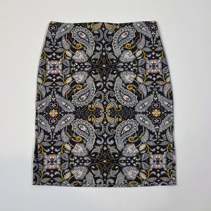Ann Taylor Loft Black Yellow Paisley Print Cotton Pique Pencil Skirt - 2P