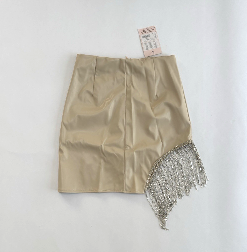 Misguided Rhinestone Fringe Cutout Mini Skirt Vegan Leather Beige -  2